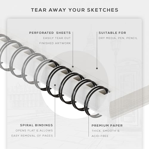 BEECHMORE BOOKS 5.6x8.5 A5 Spiral Sketchbook 140 GSM 100 Perforated Pages - size: A5 (5.6" x 8.5")