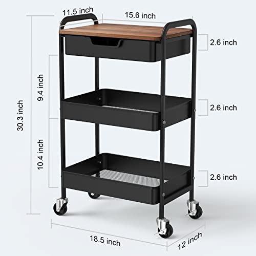 3 Tier Rolling Cart with Drawer, Metal Utility Cart with Table Top - color: Black