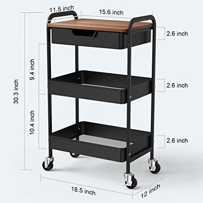 3 Tier Rolling Cart with Drawer, Metal Utility Cart with Table Top - color: Black