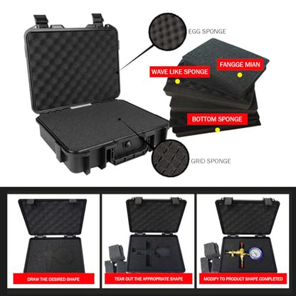 Waterproof Shockproof Hard Case with EVA Sponge, Carrying Tool Storage Box with Handle, Safety Lock Hole and Air Guide Valve for Drones, Camera, Equipment