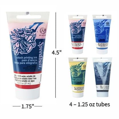 Speedball Water-Soluble Block Printing Ink Set – 4 Bold Colors With Satiny Finish - 1.25 FL OZ Tubes