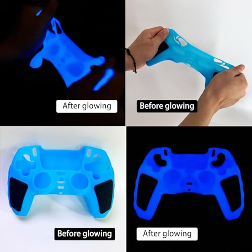 Glow in The Dark PS5 Controller Skin,Blue Anti Slip Soft Thicked Studded Silicone Cover Skins Compatible with PS5 Controller,Include 8 PCS Blue Thumb Grips Glow and 2 Cat Paw Grips Accessories. - color: Glow Blue Black