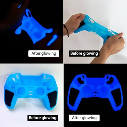 Glow in The Dark PS5 Controller Skin,Blue Anti Slip Soft Thicked Studded Silicone Cover Skins Compatible with PS5 Controller,Include 8 PCS Blue Thumb Grips Glow and 2 Cat Paw Grips Accessories. - color: Glow Blue Black