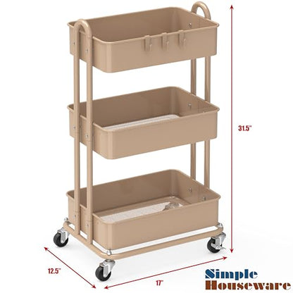Simple Houseware 3-Tier Heavy Duty Metal Utility Rolling Cart, Khaki - color: Khaki