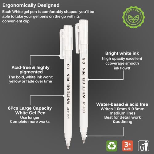 HNIHUY White Gel Pens,1mm, 0.8mm Fine Point White Pens Set, 6 Pack - color: White