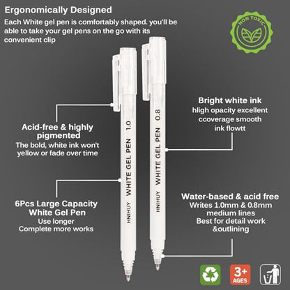 HNIHUY White Gel Pens,1mm, 0.8mm Fine Point White Pens Set, 6 Pack - color: White
