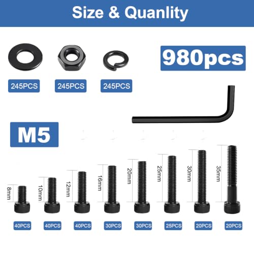 980Pcs M5 Screw Kit, Hex Socket Head Cap M5 Screws, M5 Bolts Nuts Washers - color: Black, size: Black M5 (980 Pcs)