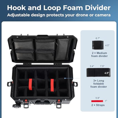 Weatherproof Hard Case, Stackable Trolley Case with Wheels, Hook and Loop Divider & Strap, IP67 Waterproof for Camera, Drones and Gear, 21.7" x 13.8" x 8.7", Black - color: Black