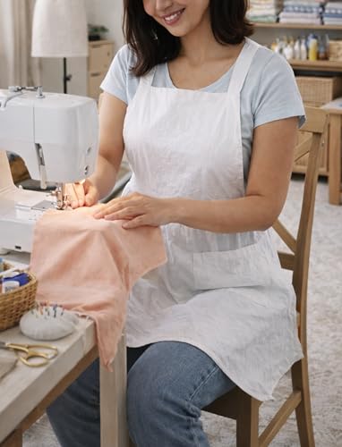 Pinknoke Cute Cotton Pinafore Aprons for Women with Pockets for Kitchen - color: White