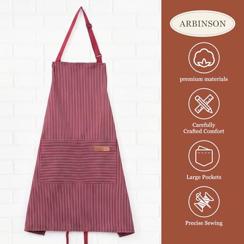 2 Pack Cooking Aprons Adjustable Bib Apron for Women with 2 Pockets, Kitchen Restaurant Men Chefs Aprons - color: Wine Pinstripes