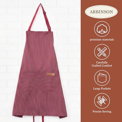 2 Pack Cooking Aprons Adjustable Bib Apron for Women with 2 Pockets, Kitchen Restaurant Men Chefs Aprons - color: Wine Pinstripes