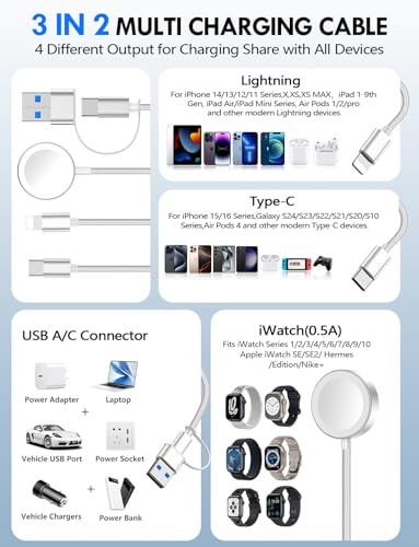 1Pack Travel Essentials for Apple Watch Charger,3-in-2 Multi Charging Cable - color: White, size: 1Pack-5 FT