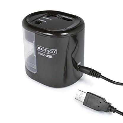 Rapesco 1449 PS12-USB Electric Pencil Sharpener, Dual Hole, Black - color: Black