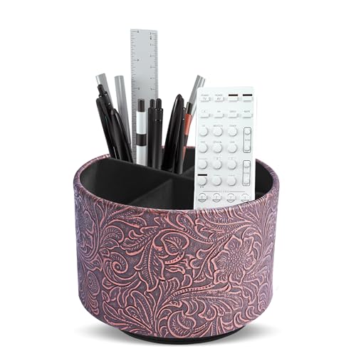 lizimandu Round Leather Art Supply Organizer,Remote Control Holder,360 Degree Spinning,Multi-Functional Pencil Holder,4 Compartments Desktop Stationary Organizer(1-Carved Cooper Red) - color: 1-Carved Cooper Red