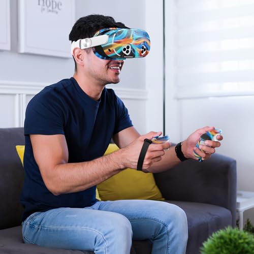 Compatible with Meta Quest 3s Accessories, Silicone Face Cover, VR Shell Cover,Touch Controller Grip Cover, Joysticks Cover, Camera Lens Protector Set (Colorful C)
