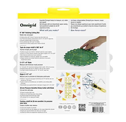 Omnigrid 8" 360° Rotating Mat Set with Self-Healing Cutting Mat, Ruler, and Rotary Cutter