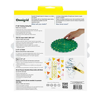 Omnigrid 8" 360° Rotating Mat Set with Self-Healing Cutting Mat, Ruler, and Rotary Cutter