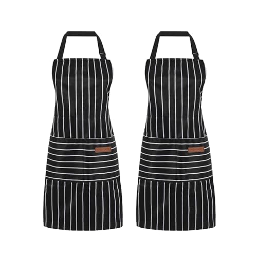 2 Pack Cooking Aprons Adjustable Bib Apron for Women with 2 Pockets, Kitchen Restaurant Men Chefs Aprons - color: Black/Black Stripes