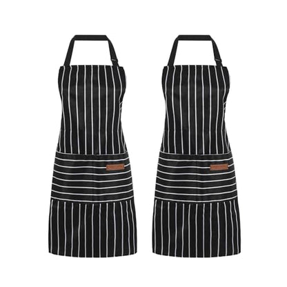 2 Pack Cooking Aprons Adjustable Bib Apron for Women with 2 Pockets, Kitchen Restaurant Men Chefs Aprons - color: Black/Black Stripes