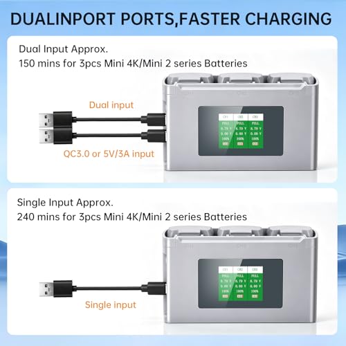 Mini 4K Battery Charger kit 2400mAh Mini 2 SE Intelligent Flight Battery×2 and 3 Slot bidirectional Charging hub with LCD Display×1 Compatible with DJI Mini 2/SE/2 SE/4K Drones