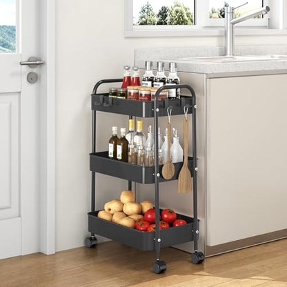 TOOLF 3 Tier Rolling Cart, Metal Utility Storage Cart with Wheels, Pink - color: Black