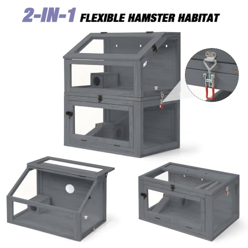2-Tier Wooden Hamster Cage, 28"T Detachable Acrylic Habitat with Top Access