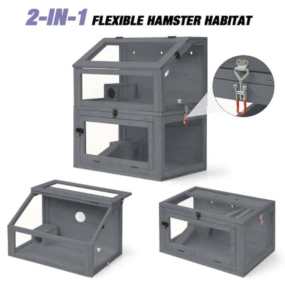 2-Tier Wooden Hamster Cage, 28"T Detachable Acrylic Habitat with Top Access