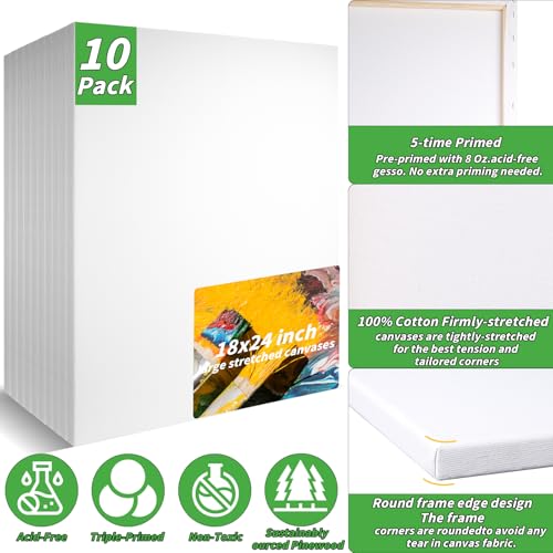 Oleitodh 10 Pack Stretched Canvas 18x24 Inch 100% Cotton Painting Canvas - size: 18" x 24"-10 Pack