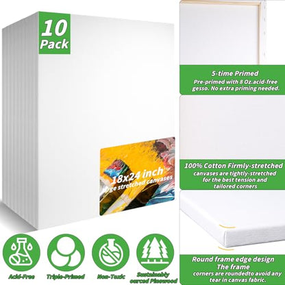 Oleitodh 10 Pack Stretched Canvas 18x24 Inch 100% Cotton Painting Canvas - size: 18" x 24"-10 Pack