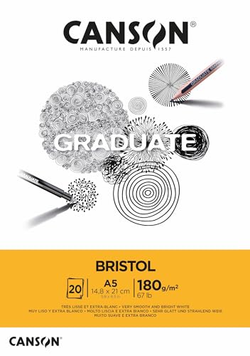 CANSON Graduate Bristol 180gsm A5 Paper, Very Smooth, Pad Glued Short Side, 20 Bright White Sheets, Ideal for Student Artists - size: A5