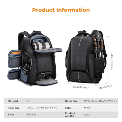 K&F CONCEPT Camera Backpack,25L Large Capacity Camera Bag for Photographers - color: 02-all-black, size: 25L