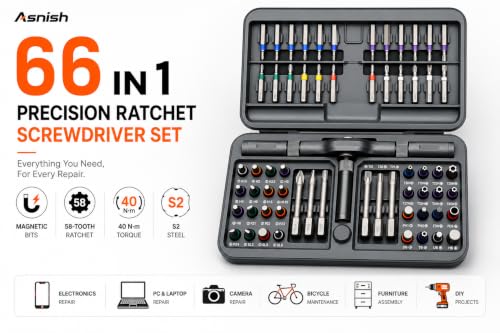 Asnish 66 in 1 Ratcheting Screwdriver Set, 58-Tooth T-Handle with Pad - size: 66 IN 1