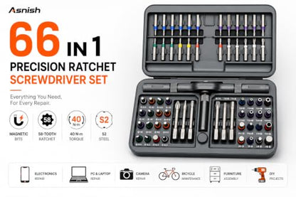 Asnish 66 in 1 Ratcheting Screwdriver Set, 58-Tooth T-Handle with Pad - size: 66 IN 1