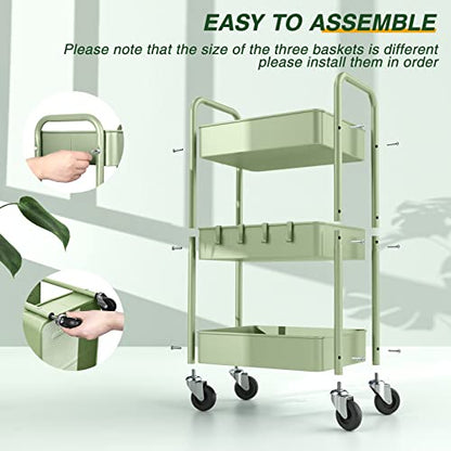LEHOM 3 Tier Rolling Cart, Metal Rolling Utility Cart with Lockable Wheels - color: Green