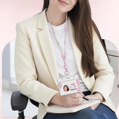 Beaded Teacher Lanyard with Retractable Badge Reel, Pink - color: Pink