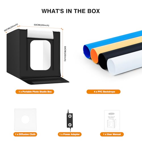 Light Box Photography 20"x20" with 160LED Lights and 4 Color Backdrops Photo Box with Lights, Foldable Light Box with Adjustable Brightness, 3000-6500K Dimmable Portable Picture Box Shooting - size: 20" with 3000-6500K
