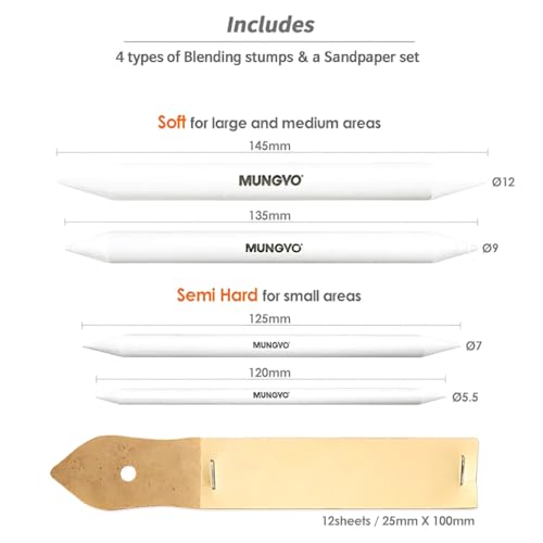 MUNGYO Blending Stumps and Sandpaper Set – 4 Sizes for Blending & Shading Pastels, Charcoal, and More – Includes Sandpaper Sharpener