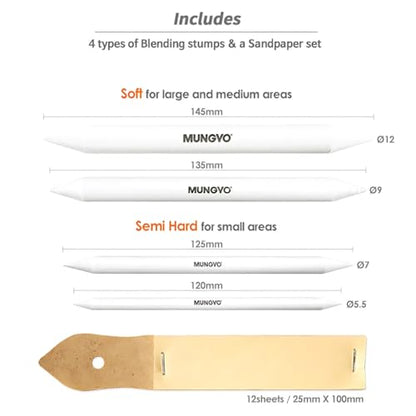MUNGYO Blending Stumps and Sandpaper Set – 4 Sizes for Blending & Shading Pastels, Charcoal, and More – Includes Sandpaper Sharpener