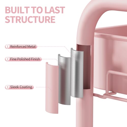 TOOLF 4 Tier Rolling Cart, Metal Utility Storage Cart with Pegboard, Pink - color: Pink, size: 4-Tier