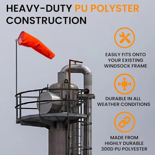 8"x36" Airport Windsock | Heavy Duty, Waterproof, UV Fade Resistant, High Vis Fluorescent, Quad Stitched, Zip Ties Included, for Industrial, Ranch, and Agricultural Use | Orange - size: 8"×36"