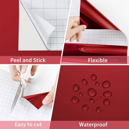 WESTICK Glossy Red Mirror Paper Peel and Stick Metallic Permanent Vinyl - color: 2.Red