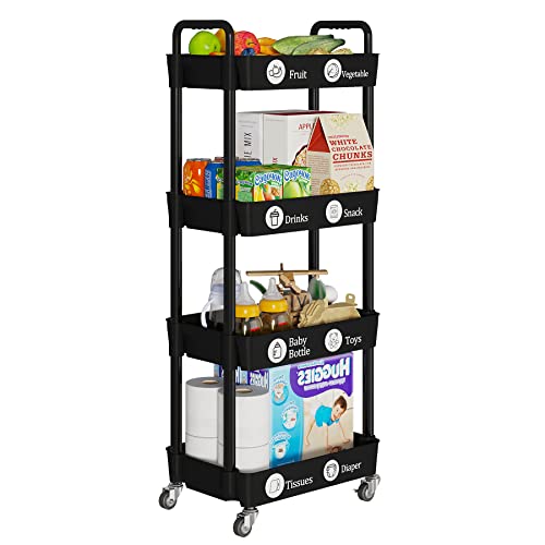 4 Tier Rolling Cart with Wheels, Utility Storage Carts,Black - color: Black, size: 4-Tier