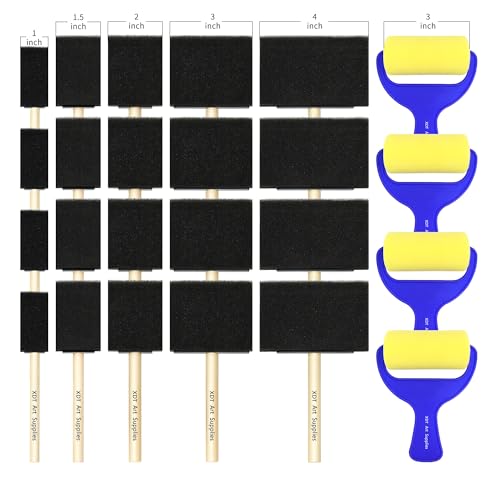 Foam Roller & Sponge Brushes 24Pc Set, Small Paint Roller & Foam Brushes for Acrylic Painting and Crafting, Soft & Disposable & Washable - size: Brush&Roller Mixed Combo