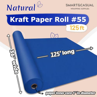 SMART&CASUAL 36" x 1,500" (125') Blue Kraft Craft Paper Roll for Gift Wrapping Bulletin Board Bouquet Flower Art Packing Parcel Table Covering 80GSM 55LB (Blue, 36" x 125') - color: Blue, size: 36" x 1,500" ( 125ft )