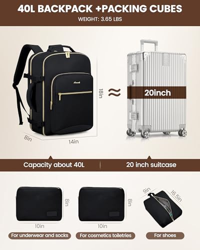 LOVEVOOK 40L Travel Backpack Flight Approved Carry on Backpack,3 Packing Cubes,Waterproof Personal Item Travel Bag,TSA Carry on Luggage Suitcase Travel Essentials,Gifts for Women & Men,fits 17" Laptop - color: Black-black, size: Large-40L-4Pcs(Standard)