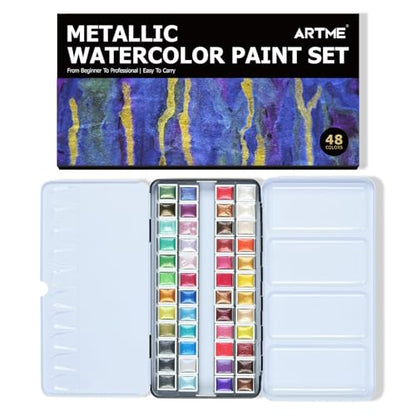 ARTSY Metallic Watercolor Paint Set – 48 Glitter Colors in A Metal Case with Palette Perfect for Artists, Hobbyists, Students, Beginners