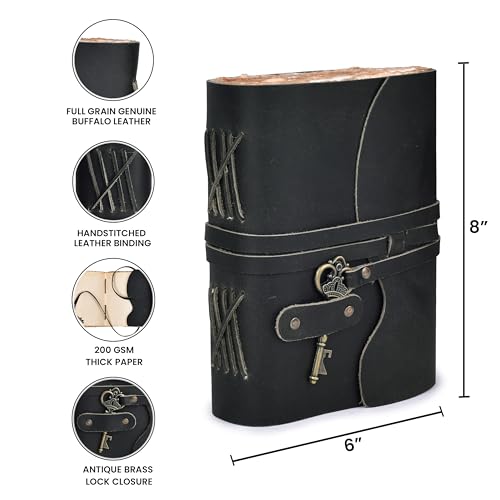 LEATHER VILLAGE Leatherbound Notebook Journal Key Lock, Black 8x6. - color: Starless Black, size: 8"X6"