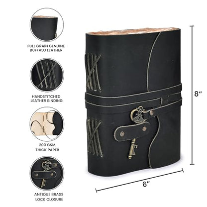 LEATHER VILLAGE Leatherbound Notebook Journal Key Lock, Black 8x6. - color: Starless Black, size: 8"X6"