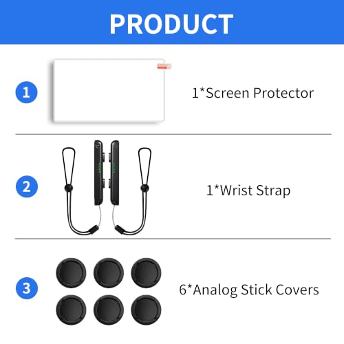 Switch Oled Screen Protector Accessories Compatible With Nintendo Switch Oled w/ 6 Thumb Grips Joystick Caps and Switch Controller Grip Wrist Strap, Button Caps Knob Cover For Joycon Switch 1 7.0" - size: 7.0''