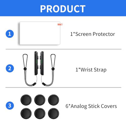 Switch Oled Screen Protector Accessories Compatible With Nintendo Switch Oled w/ 6 Thumb Grips Joystick Caps and Switch Controller Grip Wrist Strap, Button Caps Knob Cover For Joycon Switch 1 7.0" - size: 7.0''